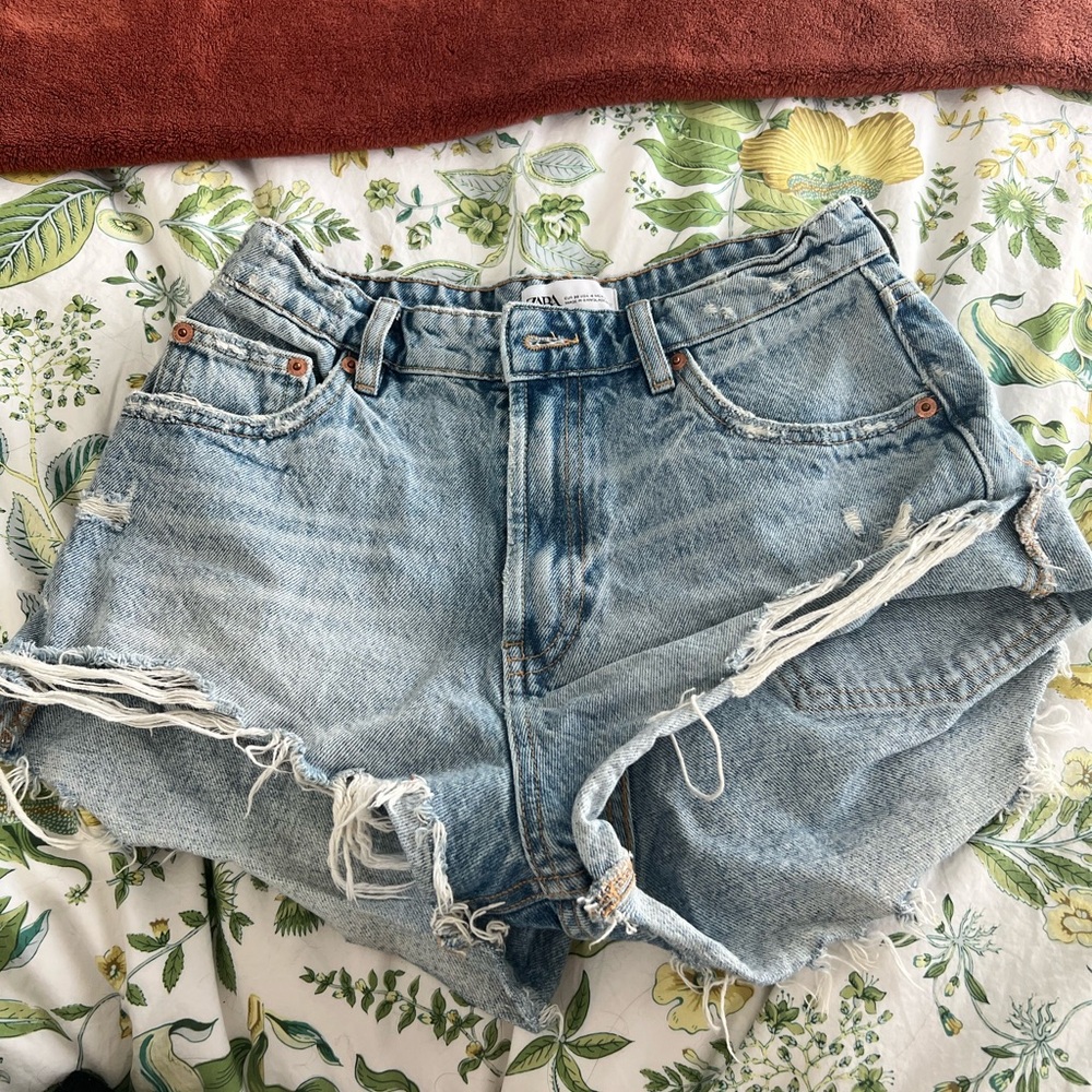 Zara Light Blue Distressed Denim Shorts